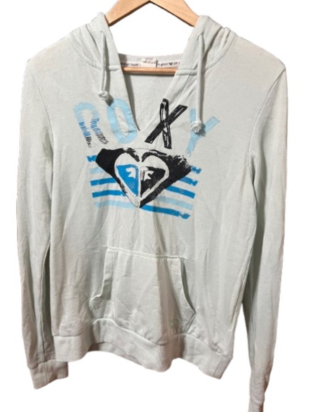 Roxy Sweatshirt Hoodie in Light Mint with Blue and Black Graphic Size Large